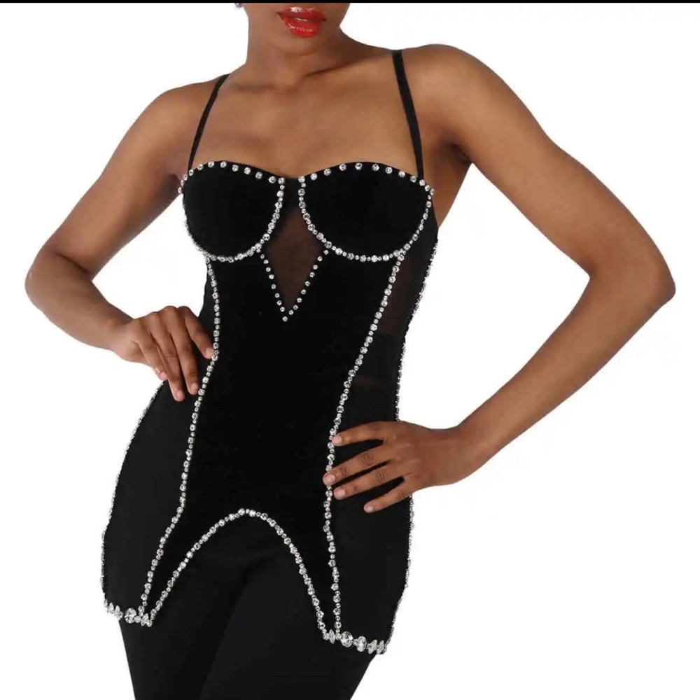 Burberry Stretch Mesh And Velveteen Crystal Embellished Corset Topy